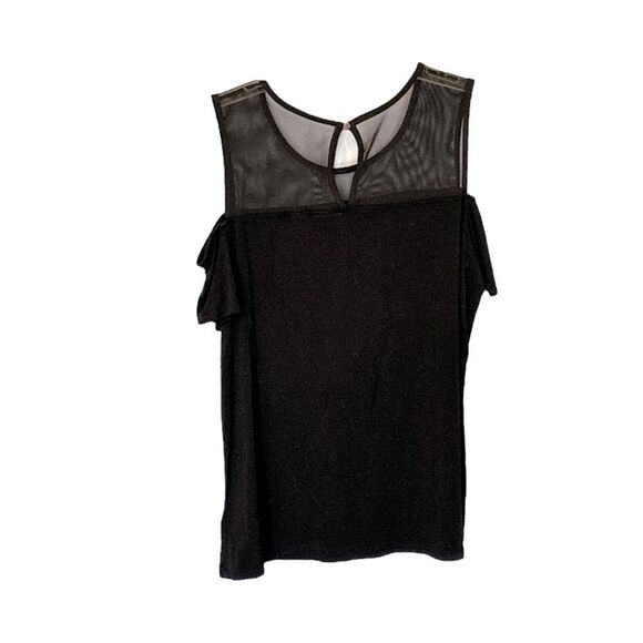 Tahari | Women’s Keyhole Black Button Semi Sheer Cold Shoulder Blouse Shirt - Picture 3 of 13